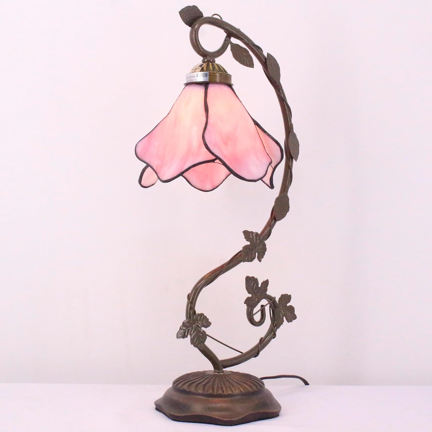 WERFACTORY Tiffany Lamp Pink Stained Glass Table Lamp, Metal Leaf Table Desk Reading Light 8X10X21 Inches Decor Small Space Bedroom Home Office S701 Series
