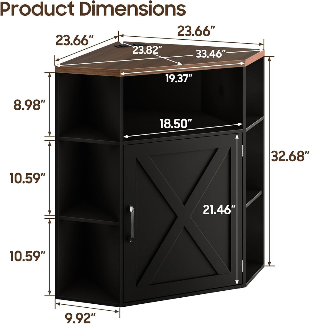 Halitaa Corner Storage Cabinet, Farmhouse Corner Bookshelf with Storage 6-Cubby Wooden Cabinet with USB Ports and Outlets Industrial Organizer for Small Space, Study, Playroom, Black and Brown
