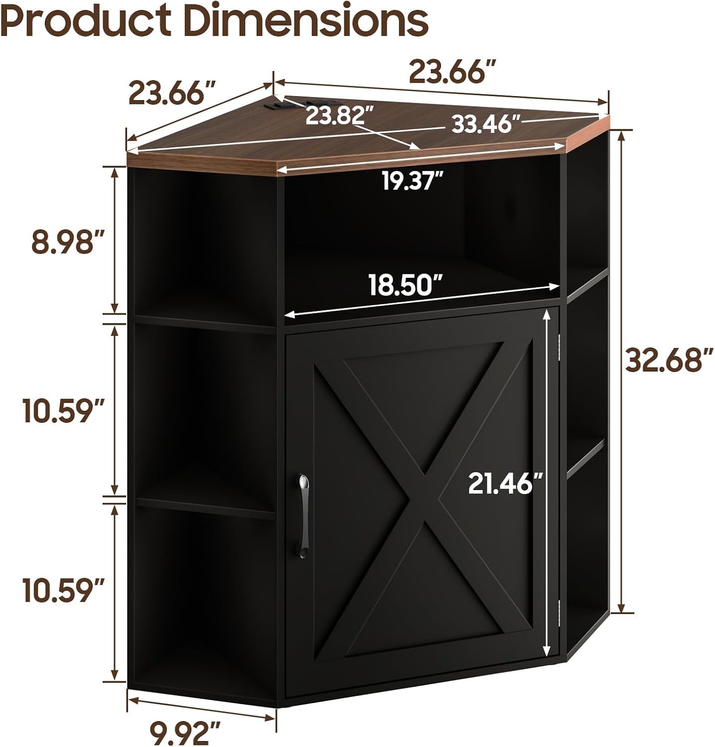 Halitaa Corner Storage Cabinet, Farmhouse Corner Bookshelf with Storage 6-Cubby Wooden Cabinet with USB Ports and Outlets Industrial Organizer for Small Space, Study, Playroom, Black and Brown