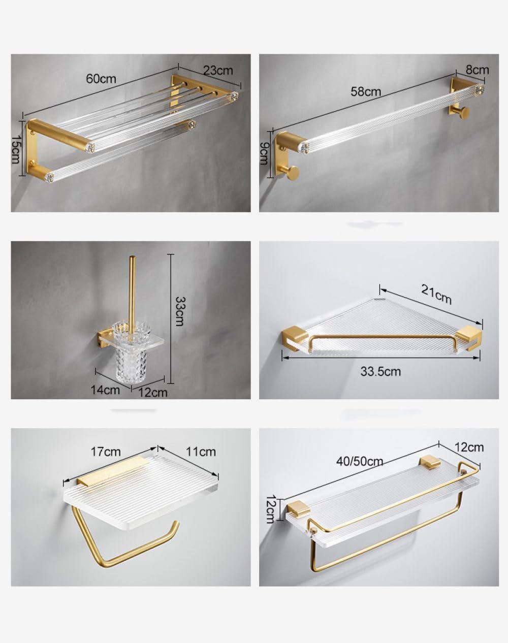 Brushed Gold Metal Bathroom Towel Rack Wall Mounted Acrylic Easy Clean Phone Holder Fashion Bathroom Accessories Set,Corner Shelf
