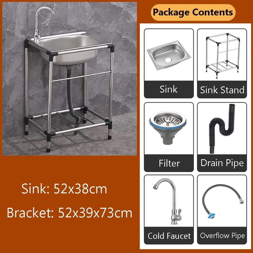 Free Standing Stainless Steel Single Bowl Sink with Faucet, Prep & Utility Washing Hand Basin W/Storage Shelves (Restaurant, Kitchen, Laundry, Garage) (Color : Silver, Size : 68x44cm) (Silver 52x