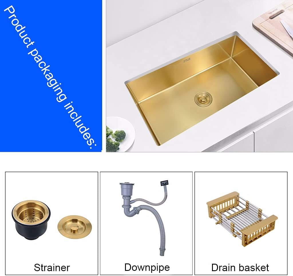 Kitchen Single Bowl Sink Counter Square Sink 304 Stainless Steel Bathroom Sink with Drain Pipe Drop-in Or Undermount (Gold 45×40cm)