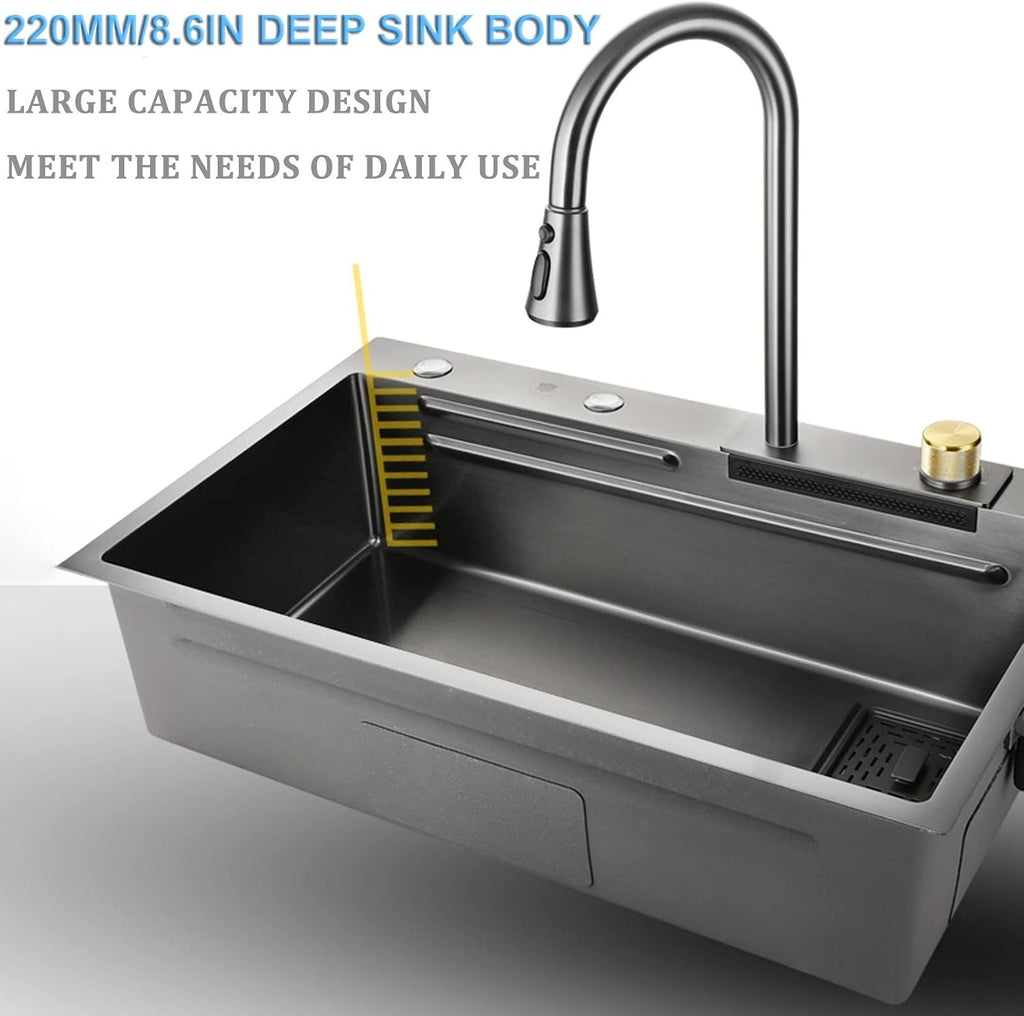 Waterfall Kitchen Sink Versatile Stainless Steel Single-Bowl Kitchen Workstation Sink Waterfall Pull-Down Faucet and Cplete Accessory Set Dual-Mount (Color : Black, Size : 68x45x22cm)