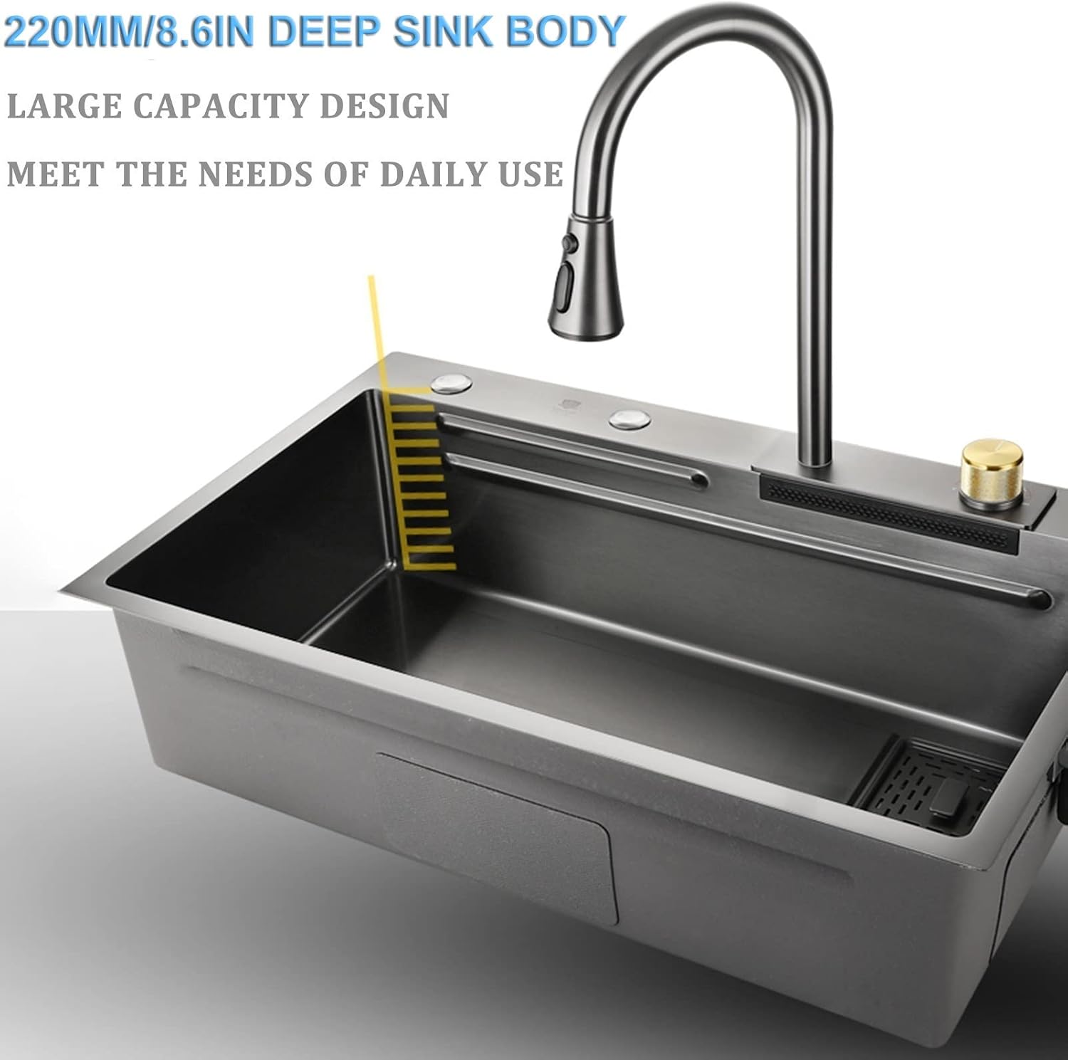 Waterfall Kitchen Sink Versatile Stainless Steel Single-Bowl Kitchen Workstation Sink Waterfall Pull-Down Faucet and Cplete Accessory Set Dual-Mount (Color : Black, Size : 68x45x22cm)