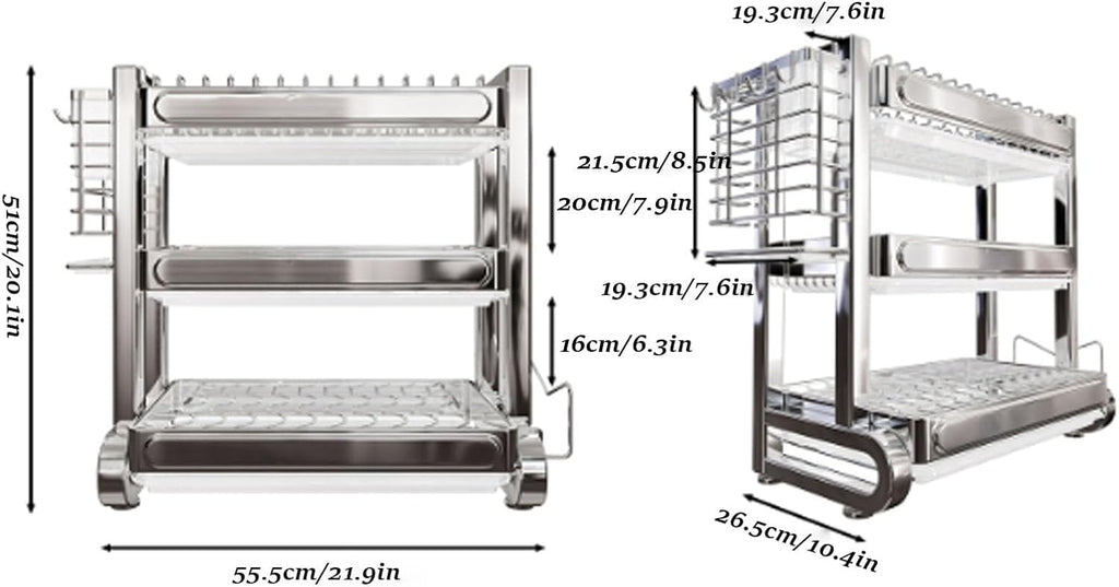 Dish Racks 304 Stainless Steel Draining Rack,Kitchen Storage,Household Multifunctional Bowl,Suitable for Sink countertops, for(Stainless Steel 55cm/21.9in,Triple Layer)
