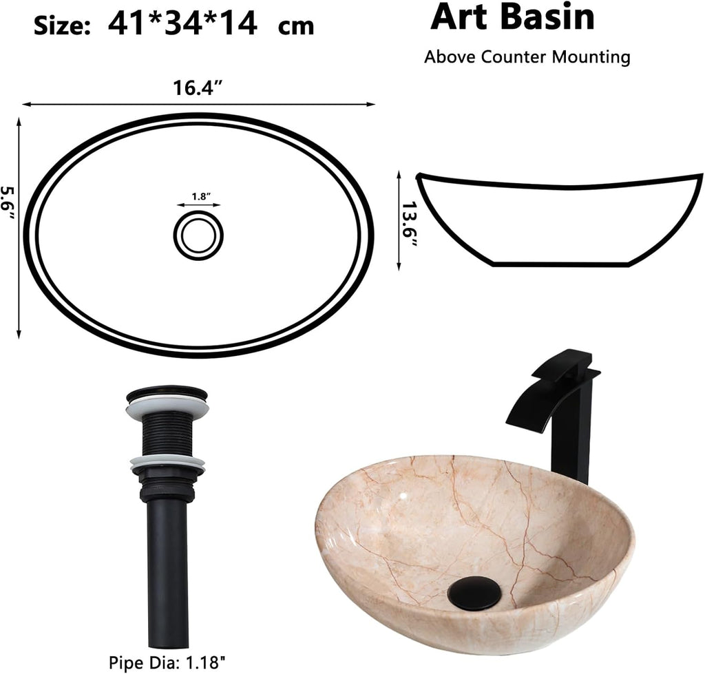 Oval Marbling Vessel Sink with Waterfall Faucet and Pop-up Drain Ceramic Bathroom Sink Above Counter Bowl Sinks for Bathrooms