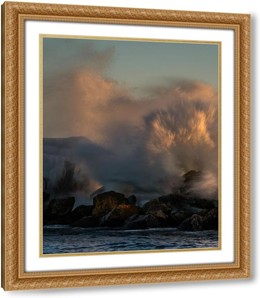 ArtDirect Minnesota-Lake Superior Lake waves breaking on rocks at sunset 15x18 Gold Ornate Wood Framed with Double Matting Museum Art Print by Jaynes Gallery