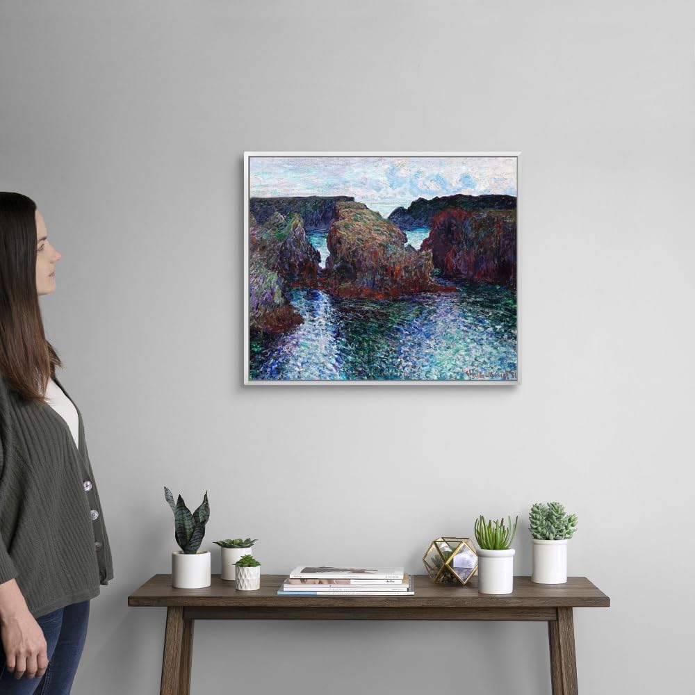 CANVAS ON DEMAND Rocks At Port-Goulphar, Belle-Ile White Float Framed Canvas Wall Art Print by Claude Monet, Classic, Impressionism, Traditional, Home Decor, Ocean Artwork,24' x20in