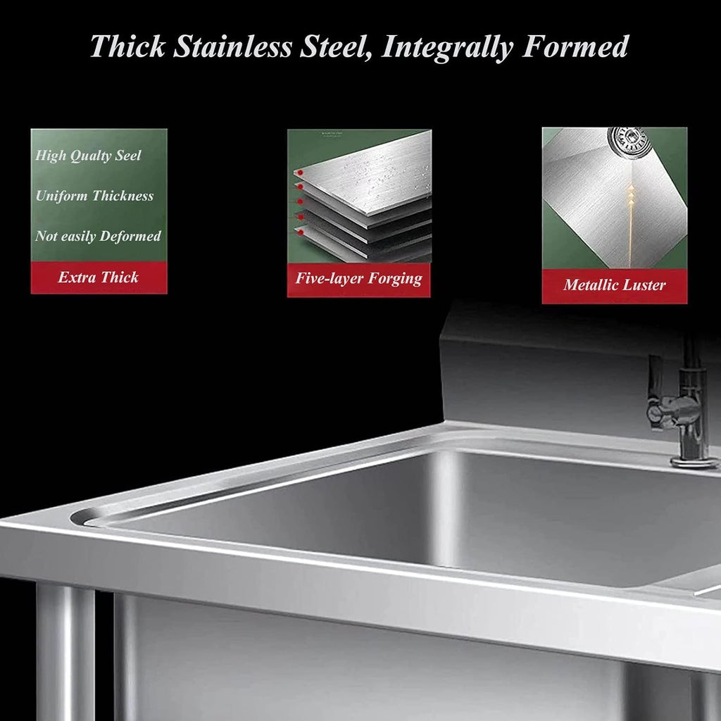Commercial Restaurant Sink 304 Stainless Steel Sink Kitchen Bar Free-Standing Single Bowl Sink for Prep Utility Washing Hand Basin Laundry Outdoor Protable