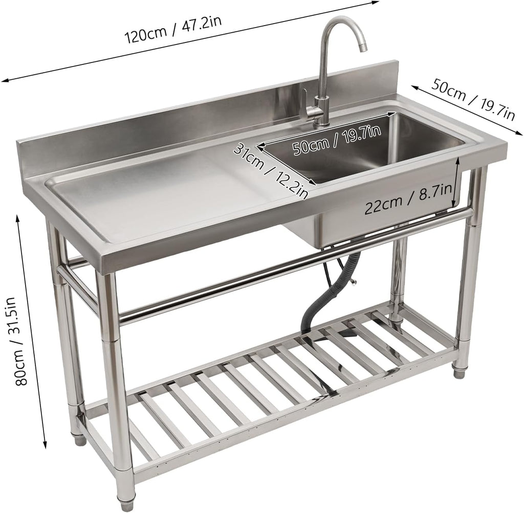 Stainless Steel Sink Single Bowl Commercial Utility Sink Free Standing Kitchen Sinks with Cold and Hot Water Faucets for Kitchens, Garage, Laundry Room (47.2'W x19.5'D x 36.6'H)