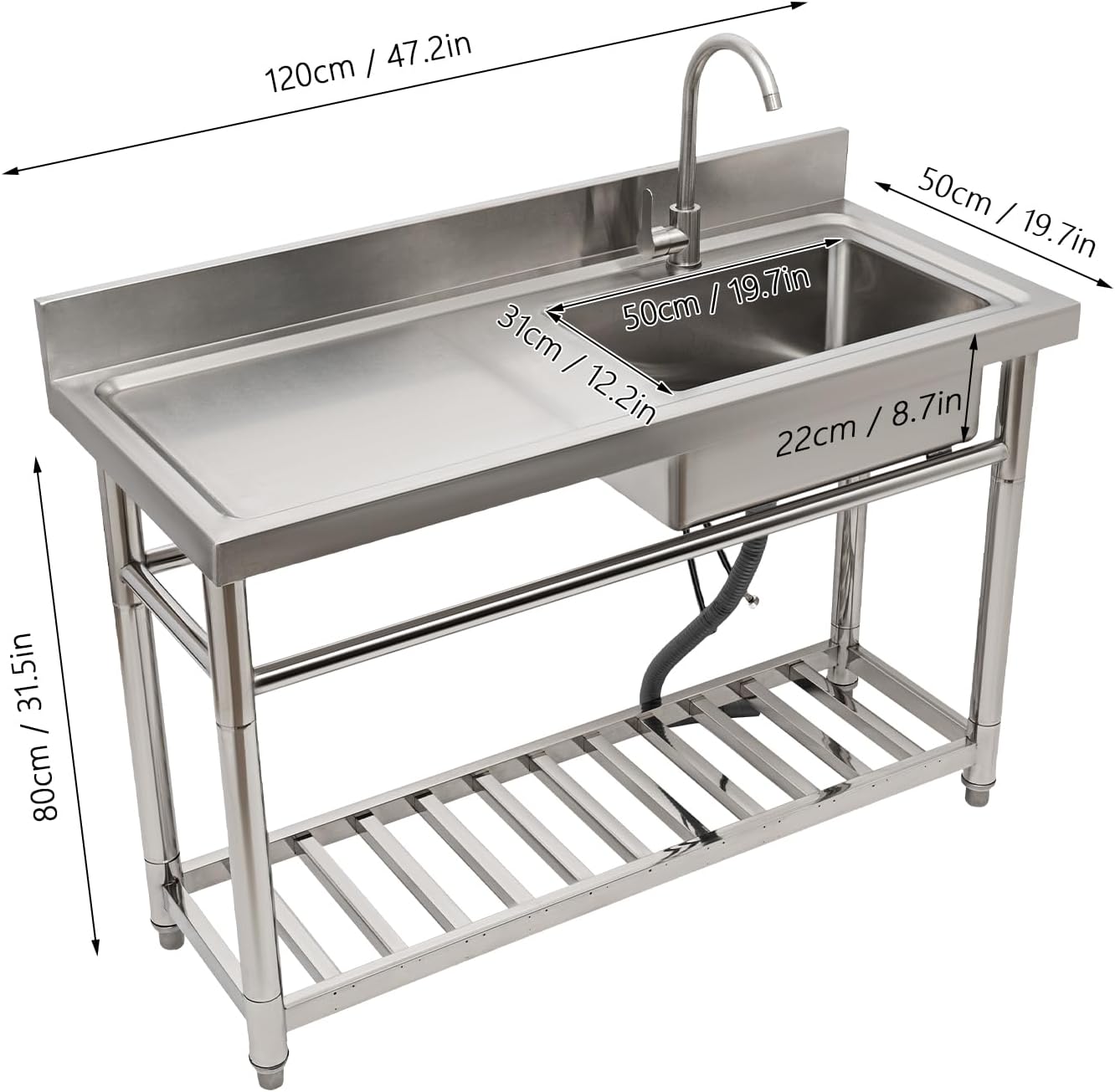 Stainless Steel Sink Single Bowl Commercial Utility Sink Free Standing Kitchen Sinks with Cold and Hot Water Faucets for Kitchens, Garage, Laundry Room (47.2'W x19.5'D x 36.6'H)