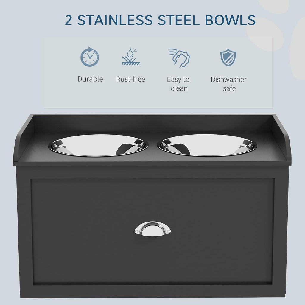 Dog Feeding Station with Storage Drawer, Dog Food Storage Cabinet with 2 Removable Elevated Dog Bowls for Large Sized Dogs, Black