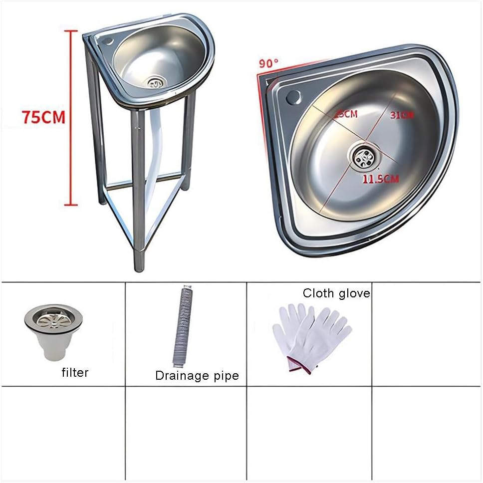 Free Standing Kitchen Sink, Triangular Stainless Steel Sink, Utility Single Bowl Sink with Bracket and Drain Kit, Easy to Clean, for Indoor Garage Backyard,Silvera-46x41x75cm