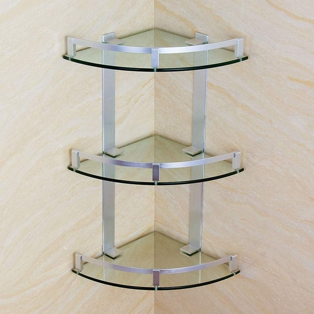 Multifunctional 3-Tier Aluminum Glass Corner Shelf - Wall-Mounted Bathroom Storage Caddy Shower Silver Sand Sprayed Finish Size: 28Cm