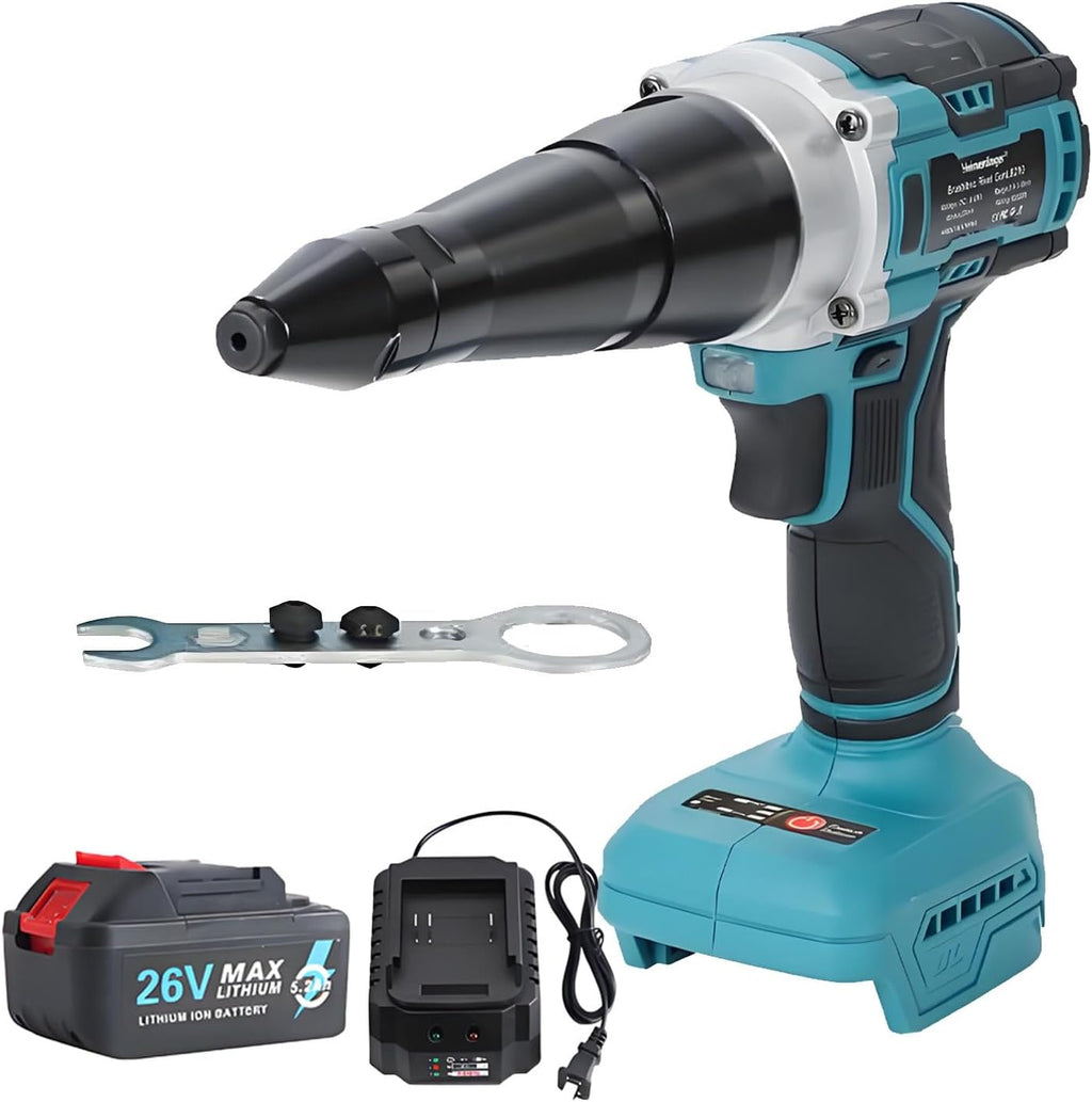 26V Brushless Cordless Rivet Gun, Electric Blind Riveter Tool Kit - Battery Powered Pop Rivet Gun, 3.2/4.0/5.0mm Rivet Fit, Quiet No-Carbon-Brush Design for Daily & Professional Use completeset