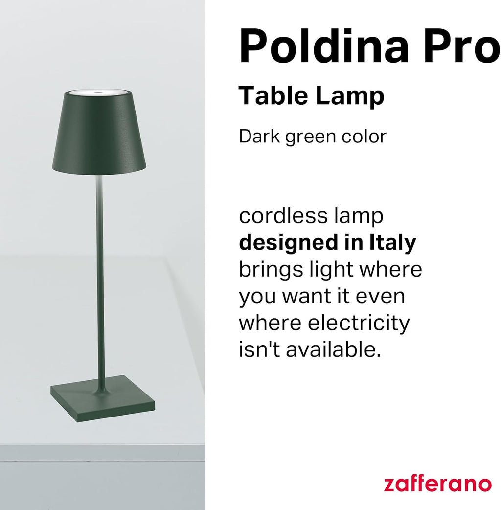 Zafferano, Poldina Pro Lamp, Rechargeable Cordless Table Lamp with Touch Controls, Suitable for Indoor and Outdoor, Dimmer, 2200-3000 K, Height 14.9 Inches, Dark Green Color