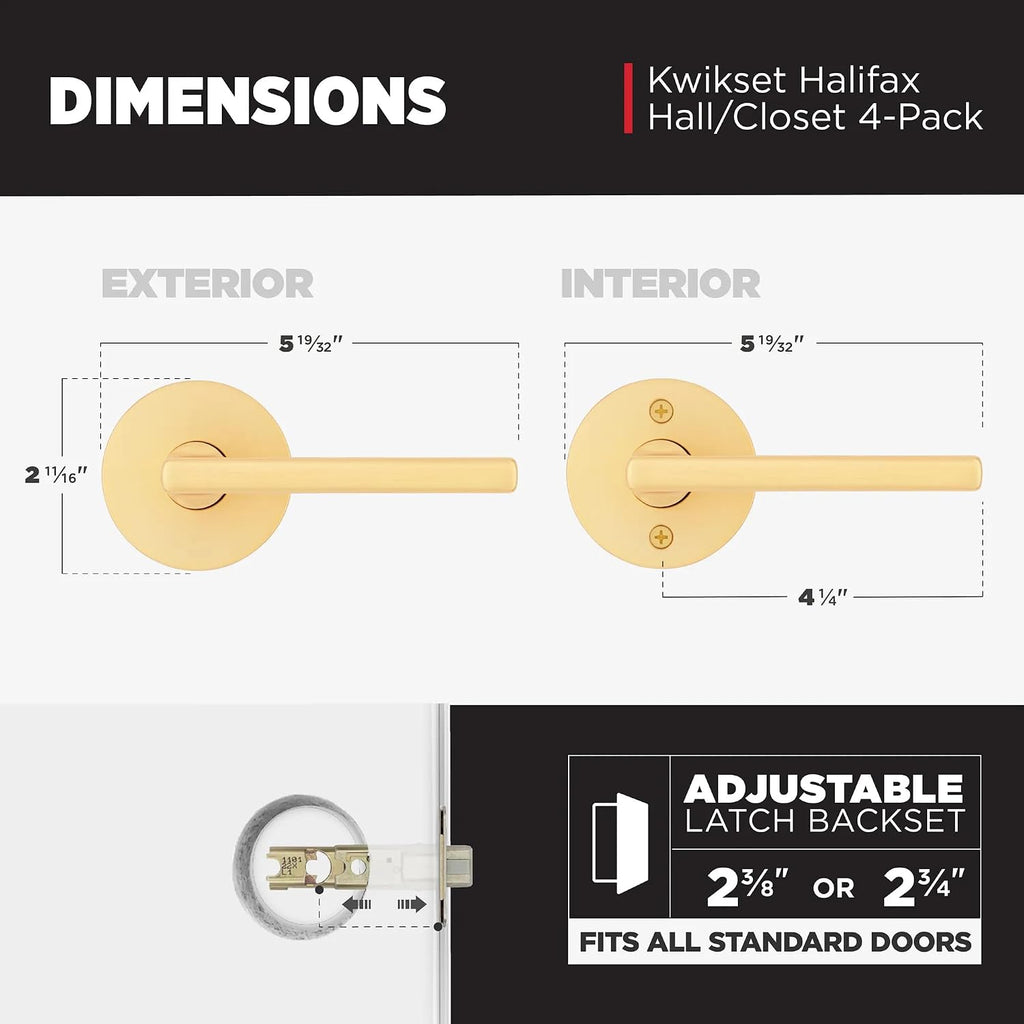 Kwikset Casey Interior Passage Door Handle, Lever for Closet and Hallway Doors, Reversible Non-Locking Handle Lever, Satin Brass 4 Pack