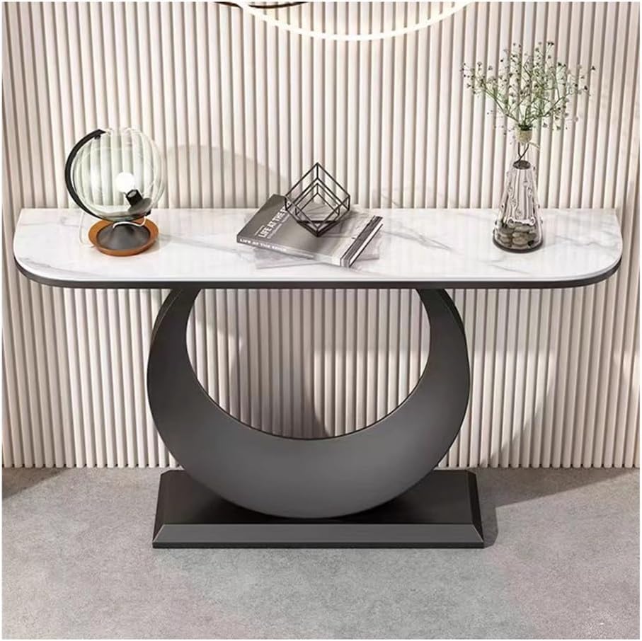 GRRICEPL Console Table with Circle Base, Slate Side Table, Living Room Sofa Side Table, Metal Frame Bedroom Bedside Table(Black-A,150X30X80 CM)