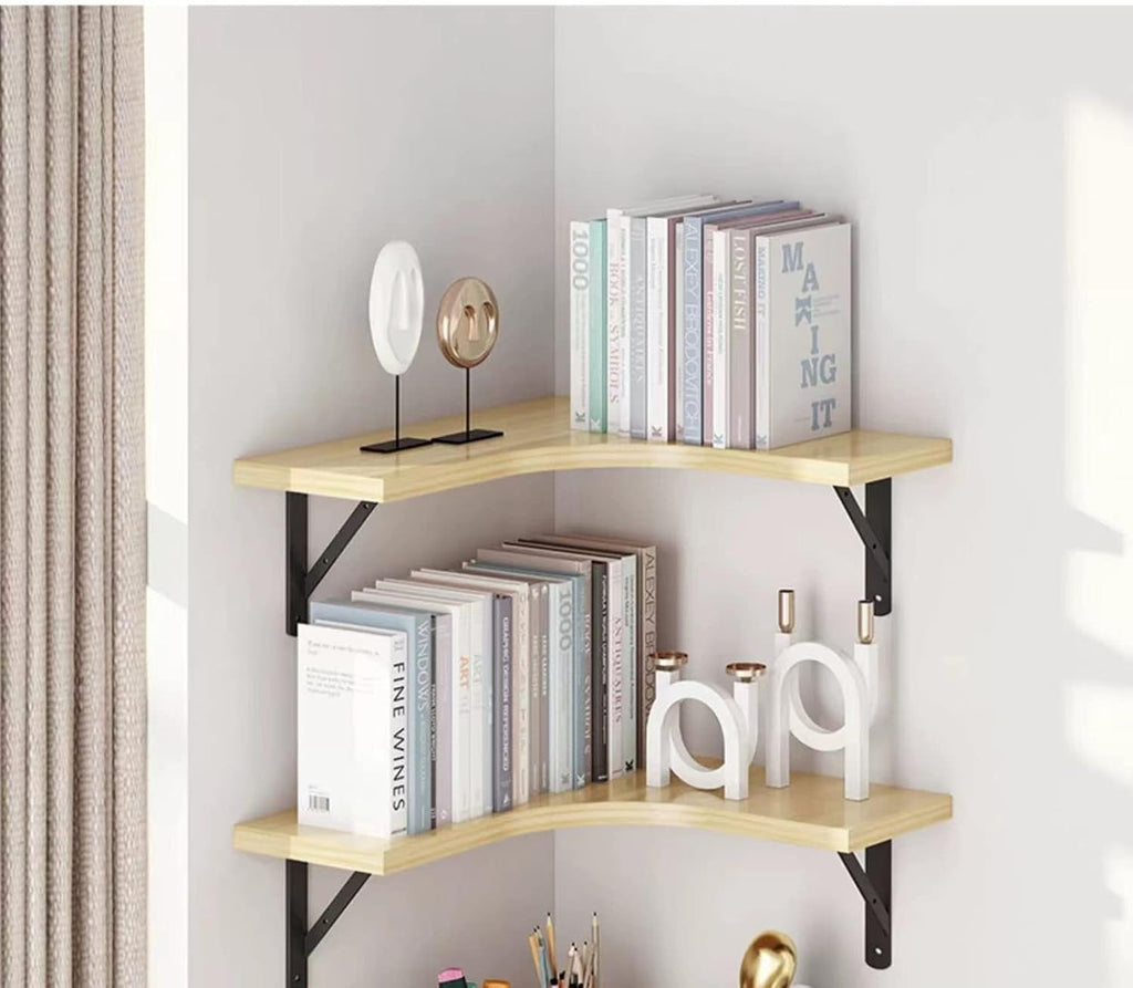 Floating Corner Bookshelf Wall Mounted Wood Shelf for Bedroom Living Room Office Bathroom Light Walnut 2 Tier Display Shelves