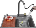 Kitchen Sinks Grey Stainless Steel Sink Large Sink with Waterfall Faucet Single Bowl Sink with All Accessories (