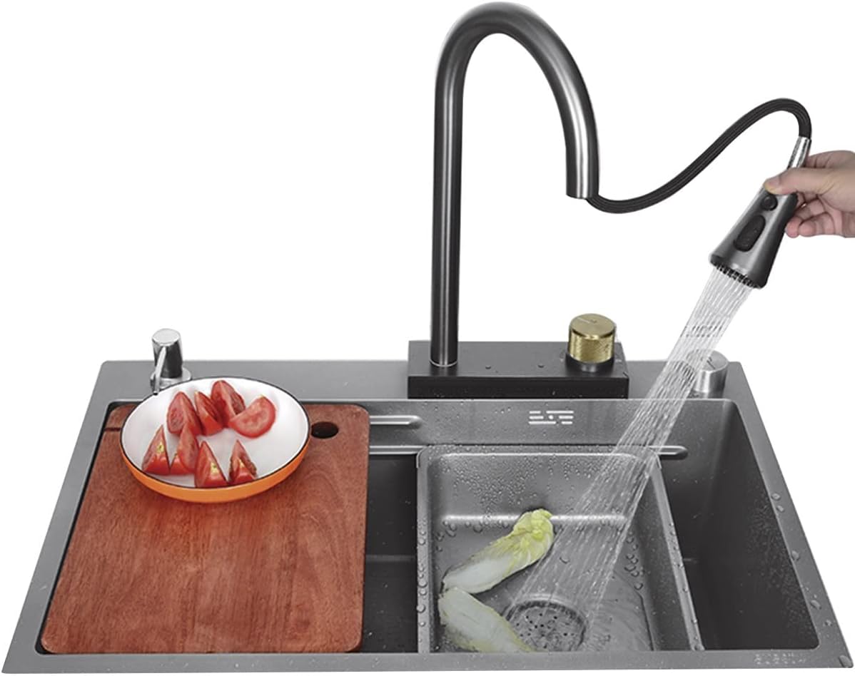 Kitchen Sinks Grey Stainless Steel Sink Large Sink with Waterfall Faucet Single Bowl Sink with All Accessories (