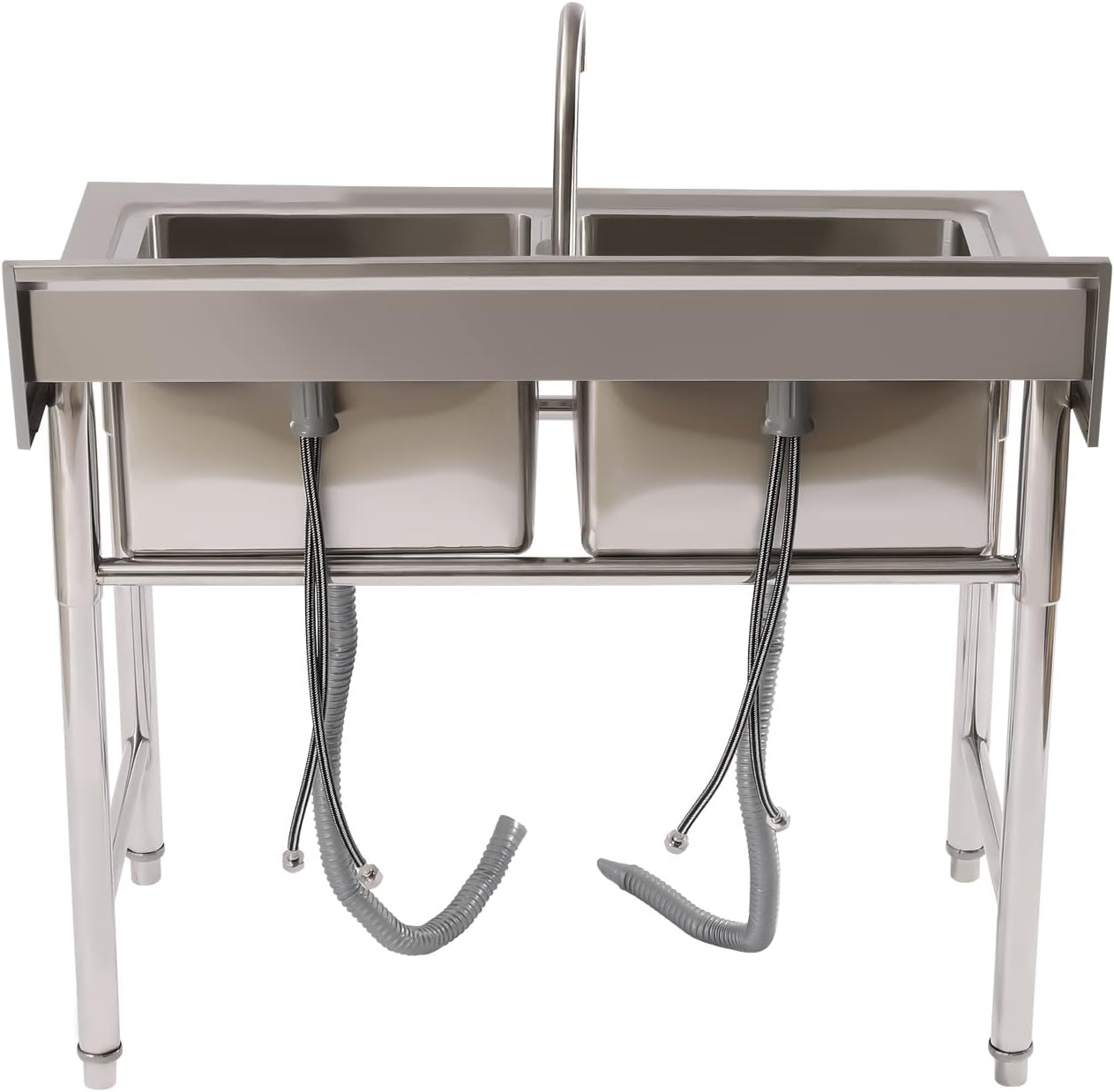 Stainless Steel Sink 2 Compartment Commercial Utility Sink Free Standing Kitchen Sinks with Cold and Hot Water Faucets for Kitchens, Garage, Laundry Room (39.4'W× 23.6'D× 37.4'H)