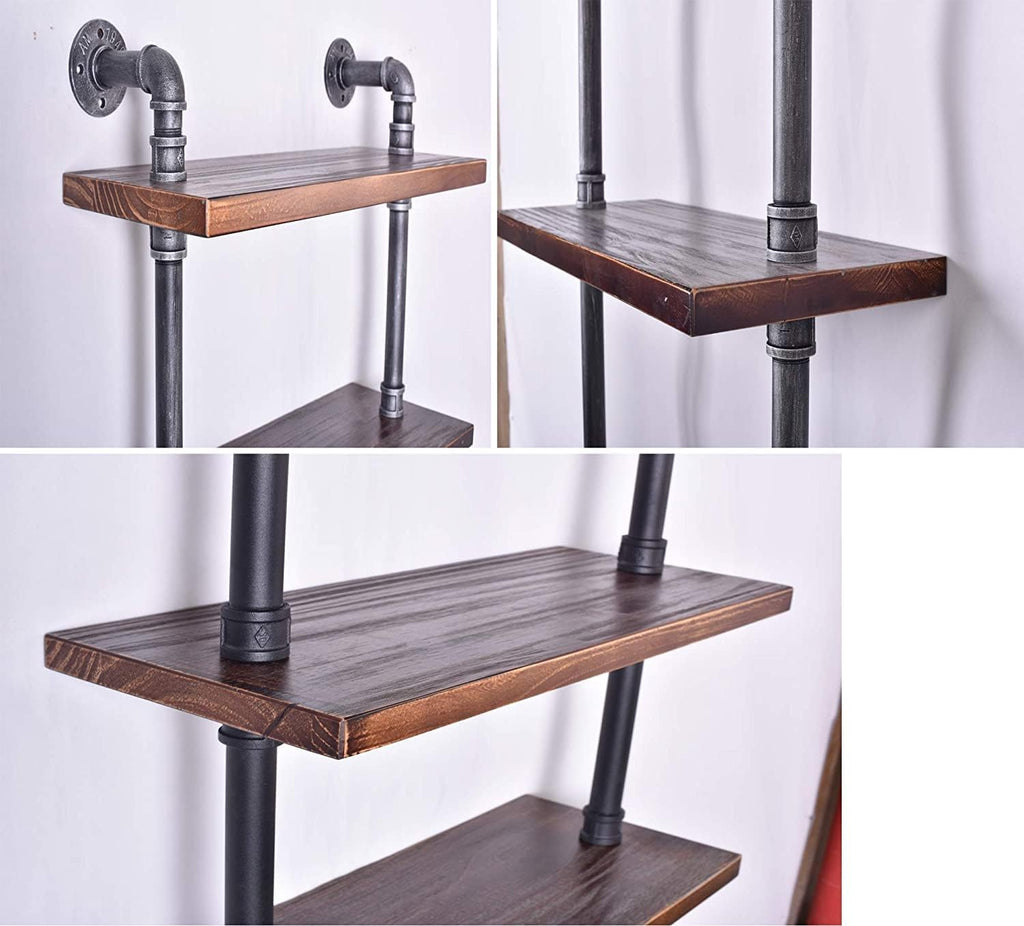 Industrial Wall Mounted Pipe Shelf 24inch Width Rustic Storage Wooden Shelves Vintage 6 Layers Book Shelf for Home Decor Office Living Room Bathroom Kitchen 79inch Height