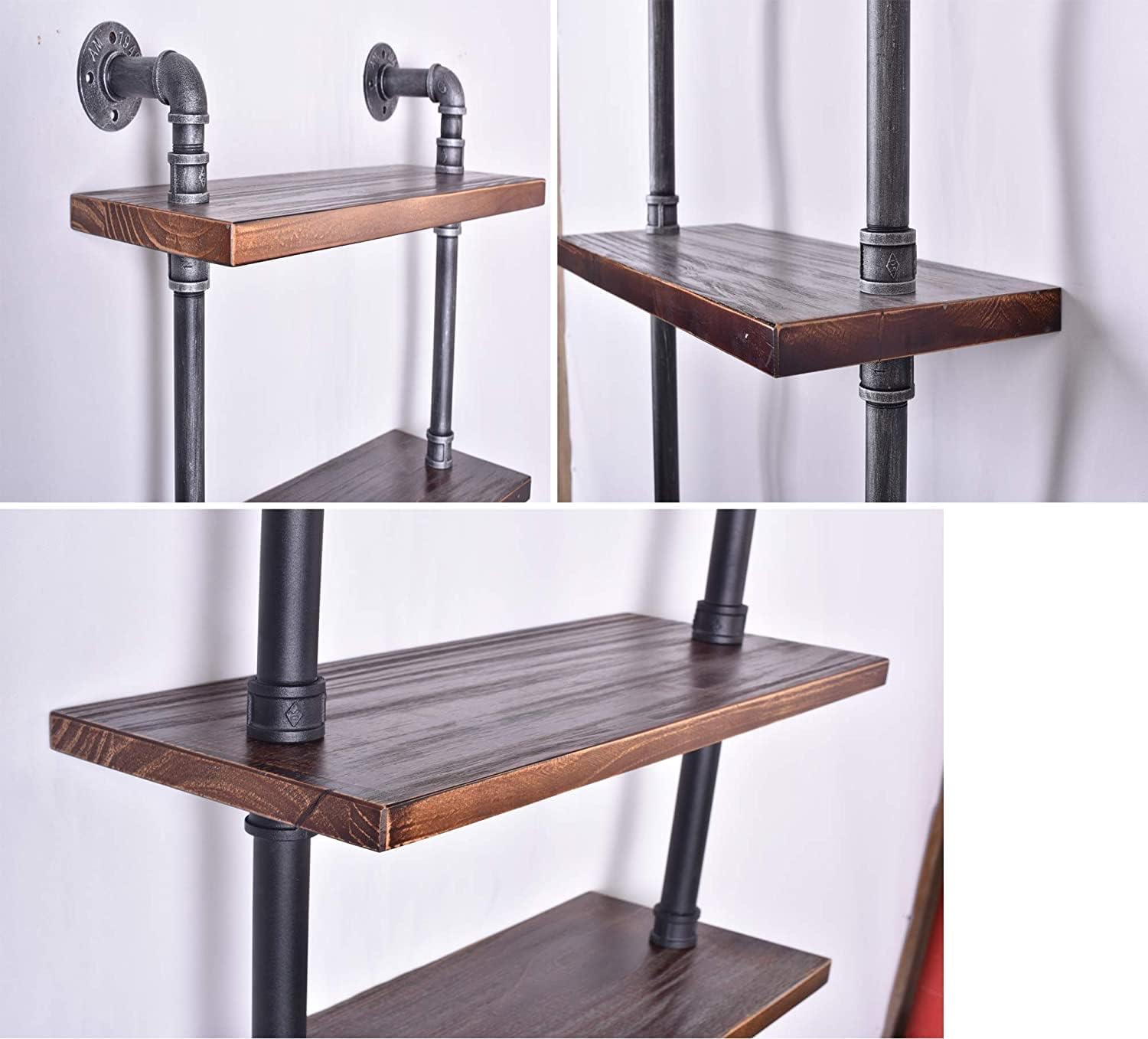 Industrial Wall Mounted Pipe Shelf 24inch Width Rustic Storage Wooden Shelves Vintage 6 Layers Book Shelf for Home Decor Office Living Room Bathroom Kitchen 79inch Height