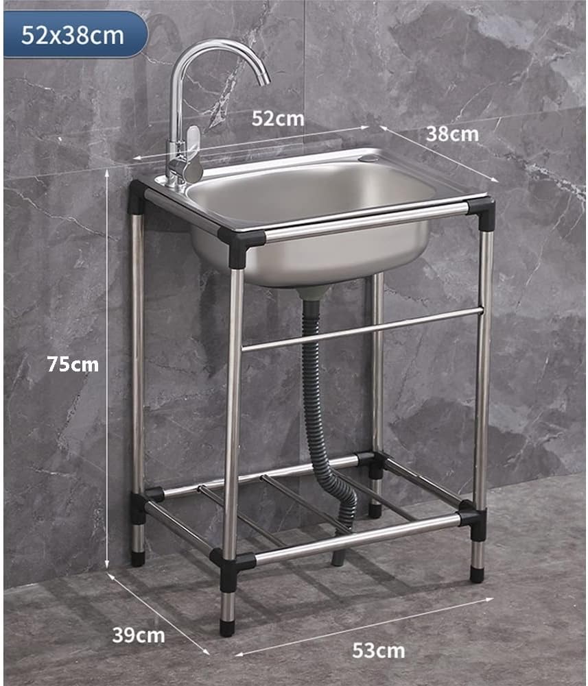 Free Standing Stainless Steel Single Bowl Sink with Faucet, Prep & Utility Washing Hand Basin W/Storage Shelves (Restaurant, Kitchen, Laundry, Garage) (Color : Silver, Size : 68x44cm) (Silver 52x