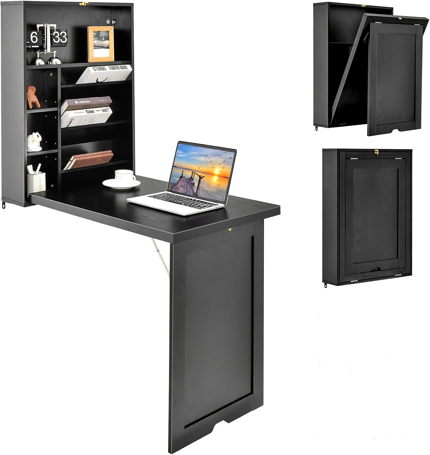 Wall Mounted Desk, Wood Collapsible Floating Desk, Convertible Computer Desk with Storage Area, Hanging Fold Out Table for Home Office, Small Spaces (Black)