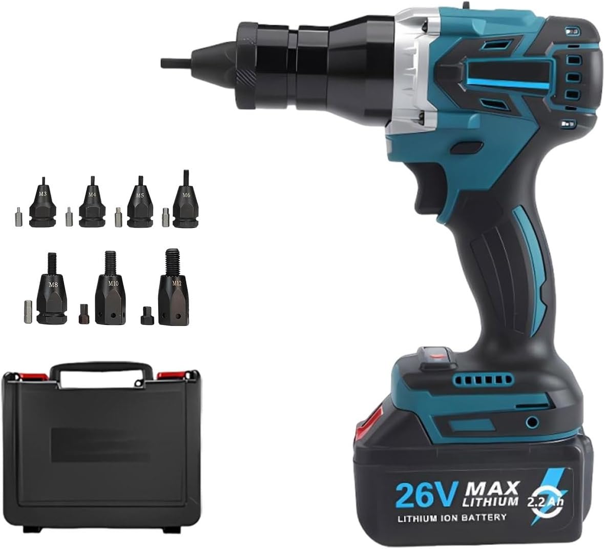 Pop Rivet Insert Installation Portable Cordless Automatic Riveter,Brushless Rivet Nut Gun with 6600mah Battery,Nutsert Kit for Aluminum & Iron Rivet Nuts M3–m12(2.2Ah)