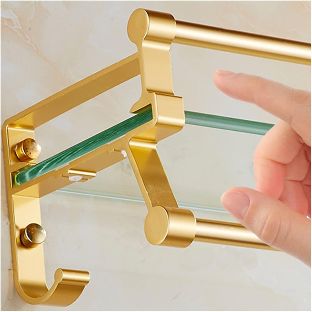 Glass Bathroom Shelf with Hand Towel Bar, Floating Glass Rectangular Wall Mounted, Tempered Glass Shelf for Bathroom, Toilet, Room Decor, Gold (40CMCH)