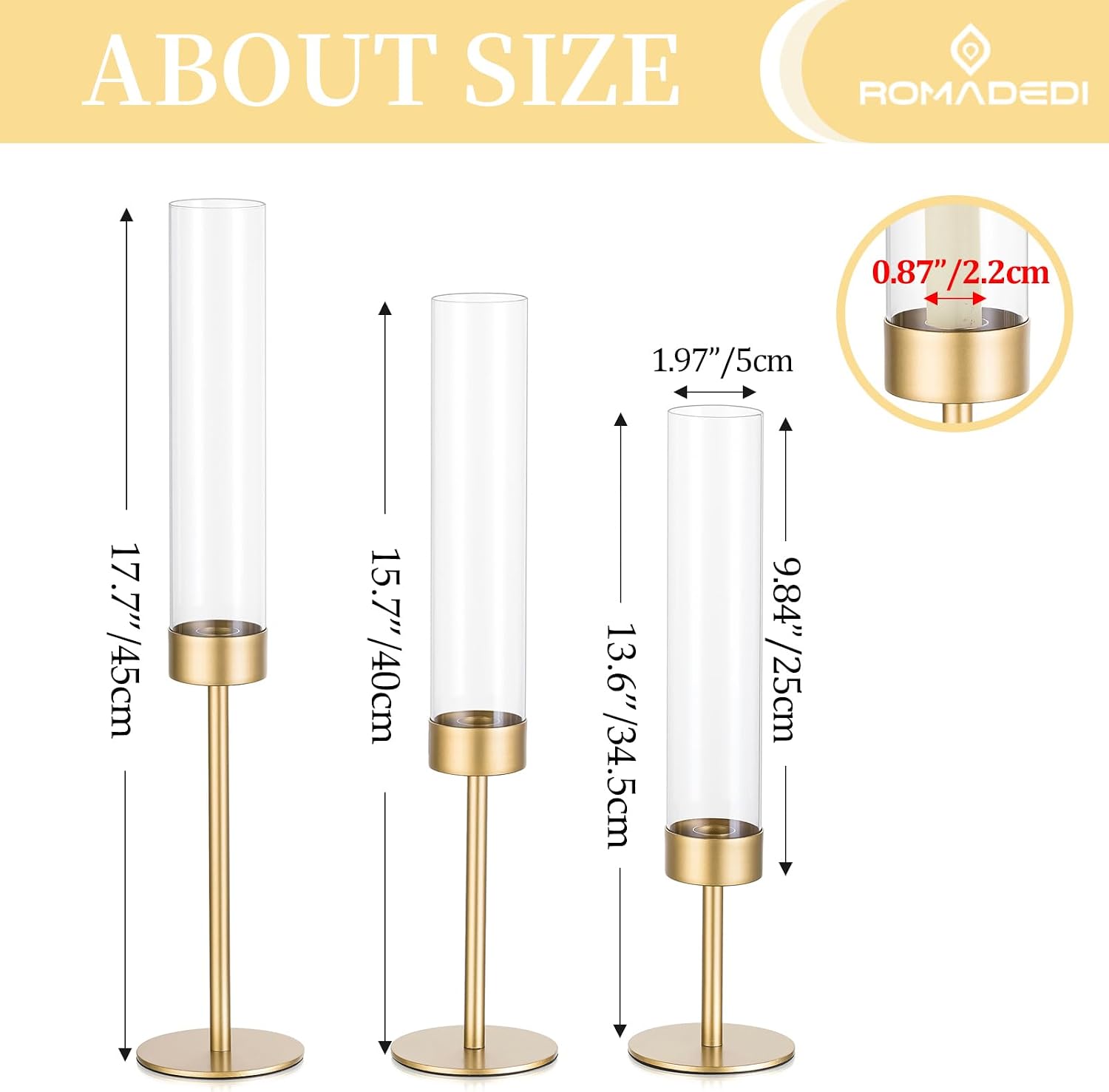 Glass Hurricane Candlestick Holders Gold - Romadedi 18 PCS Taper Candle Holder Bulk Tall Clear Glass Cylinder Table Centerpiece Wedding Decor Party Birthday Christmas Home Decorations