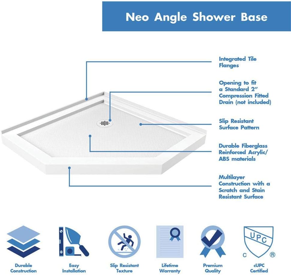 DreamLine 36 in. x 36 in. x 76 3/4 in. H Neo-Angle Shower Base and QWALL-4 Acrylic Corner Backwall Kit in White, DL-6044C-01