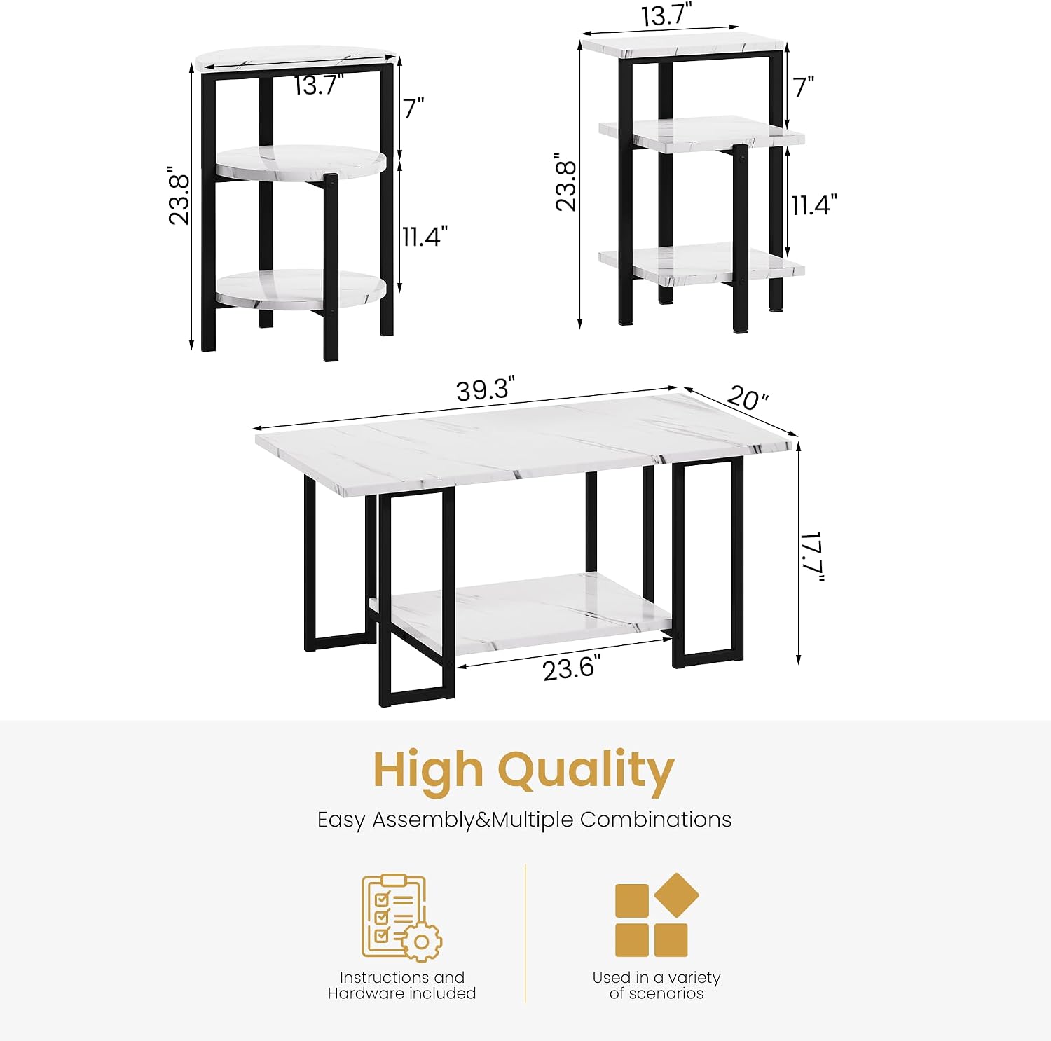 Lamerge Coffee Table Set of 3,Rectangle Coffee Table&2 Accent Table,Faux Marble Tabletop,3 Piece Living Room Table Sets with Multi Tier Storage, for Small Space, Apartment,White & Black