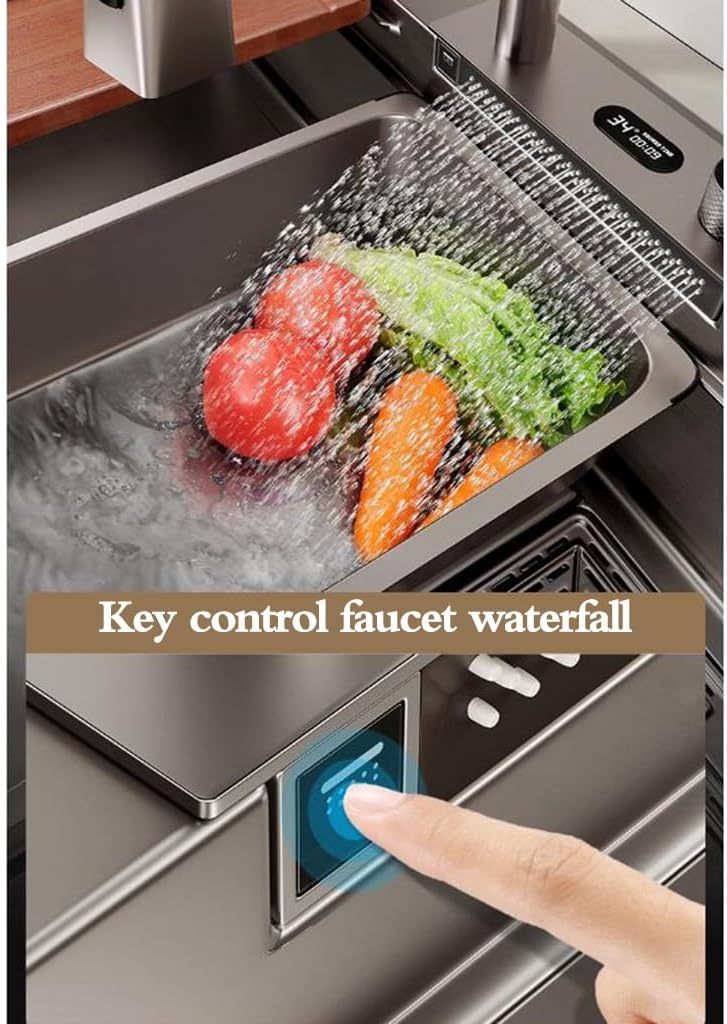 Kitchen Sinks, Single Bowl Stainless Steel Kitchen Waterfall Sink Pool Single Bowl Sink Table Basin with Cup Washer Faucet Siphon Home Commercial Beautiful (75 * 45 * 21Cm