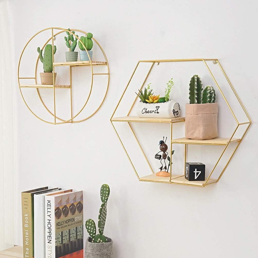Cabilock Wall Mounted Shelves Floating Shelves Hanging Rack Shelf Rustic Flower Vase Hexagon Hive Wall Bracket for Living Room Bedroom Bathroom Kitchen Office Decorations 49 x 49 x 13 cm Metal Shelf