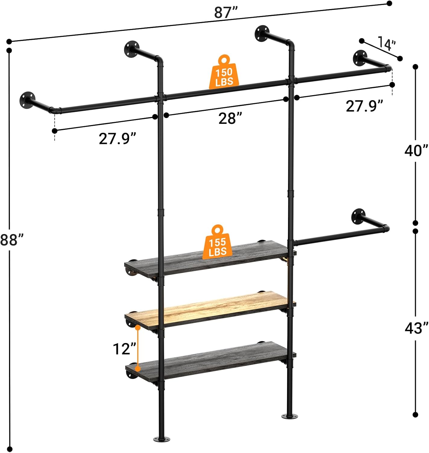 Cyclysio Industrial Pipe Clothing Rack, Reversible 7.25FT Wall Mounted Clothes Rack, Heavy Duty Garment Racks Closet Wardrobe with LED Lights& Shelves, Walk-in Closet System, Grey