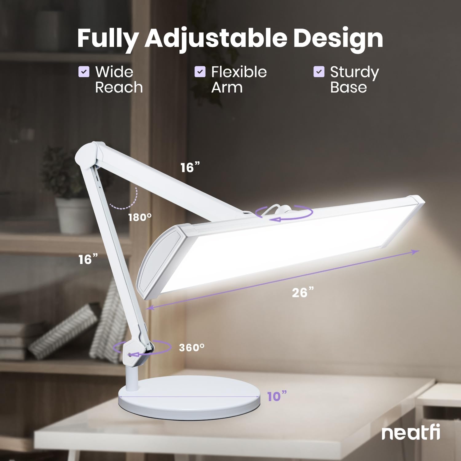 Neatfi Ultra 3,500 Lumens LED Desk Lamp with Base– 45W, 270 SMD LEDs, Shadow-Free | Adjustable Brightness | Non-Flickering Task Light for Nail, Craft & Office (White-3, 26-Inch Wide Shade)