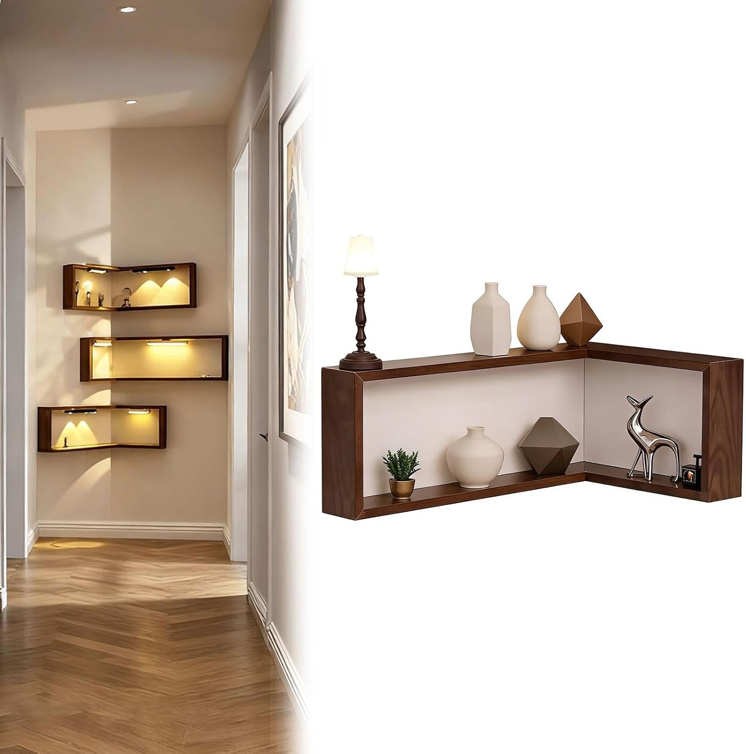 Corner Shelf, Wall Mounted Floating Corner Shelves for Bedroom & Living Room, Space Saving Display Shelf for Collectibles, Plants & Books(L-Shape A 30 x 60 x 20 cm,2 Pack)