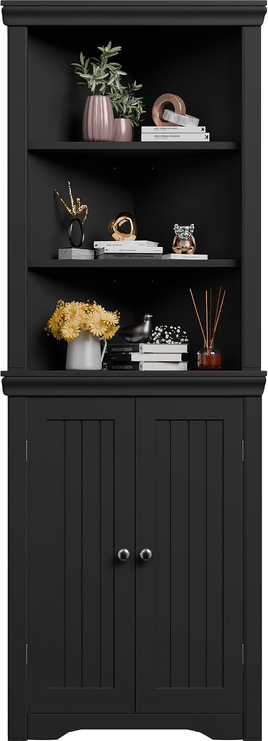 Furmax 62' Corner Cabinet, Bathroom Storage Cabinet with 6 Adjustable Shelves & 2 Doors, Freestanding Corner Shelf for Living Room, Bathroom, Kitchen (Black)