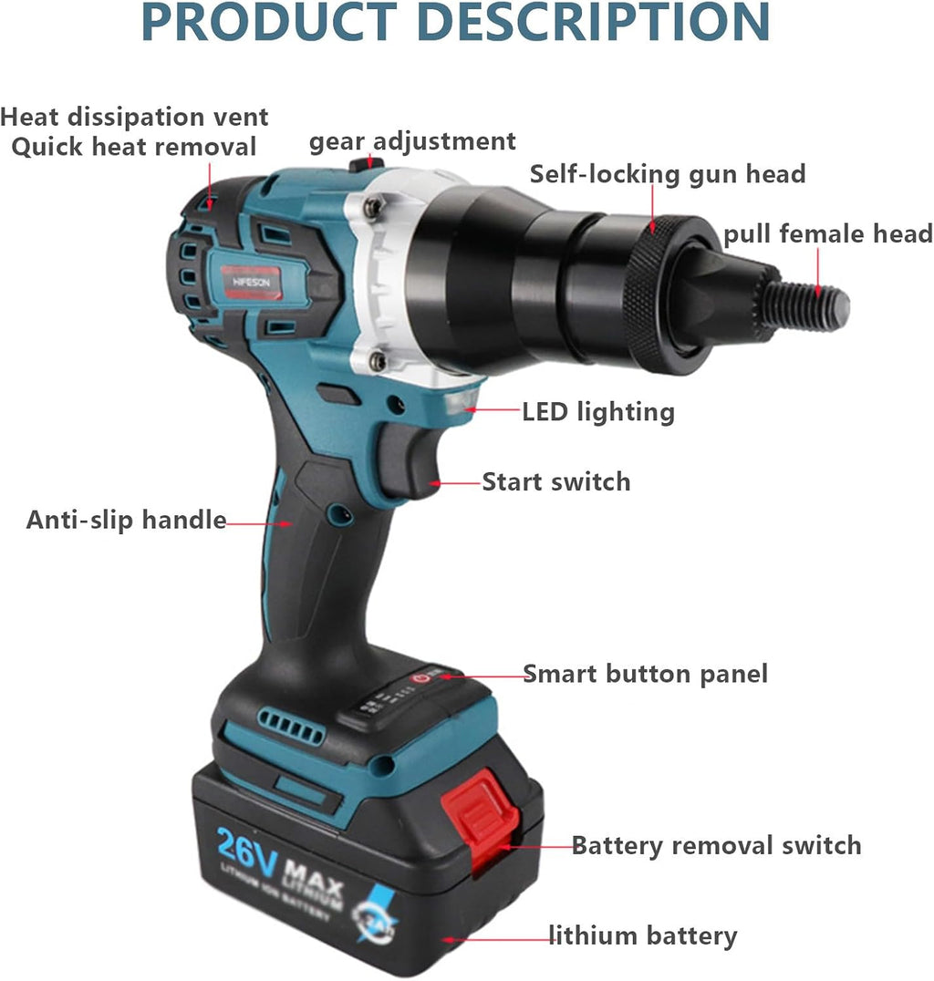 2-in-1 Cordless Rivet Nut Gun Set,Portable Automatic Rivet Gun with M3/M4/M5/M6/M8/M10/M12 Battery Powered Pop Rivet Insert Installation Tool,2Battery-2200mAh
