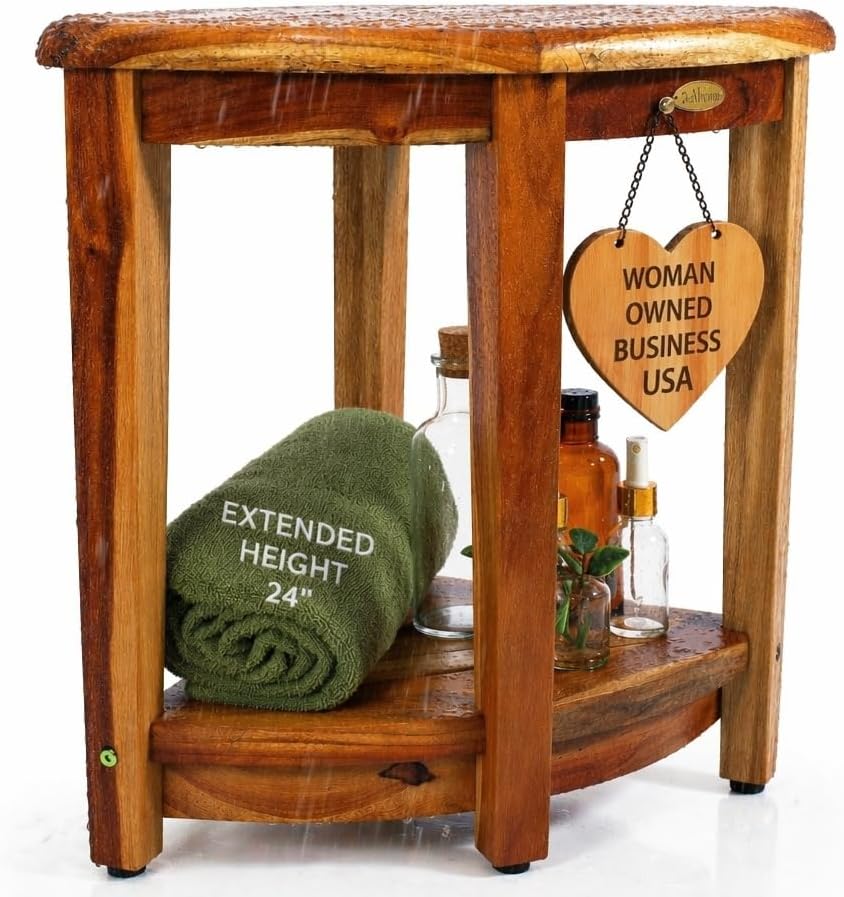 EcoDecors 24' Extended Height Snazzy Corner Natural Color Waterproof Teak Wood Shower Bench Stool Seat Chair for Inside Shower Storage Shelf Provides Safety and Storage for Bathroom Accessories