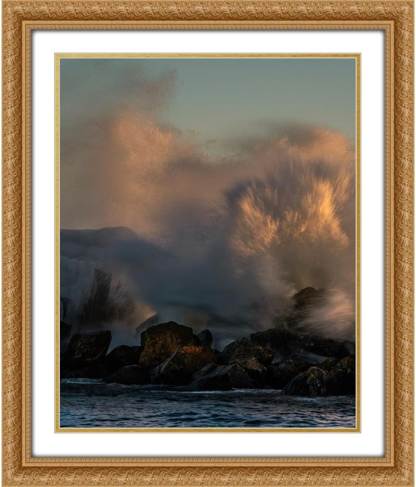 ArtDirect Minnesota-Lake Superior Lake waves breaking on rocks at sunset 15x18 Gold Ornate Wood Framed with Double Matting Museum Art Print by Jaynes Gallery