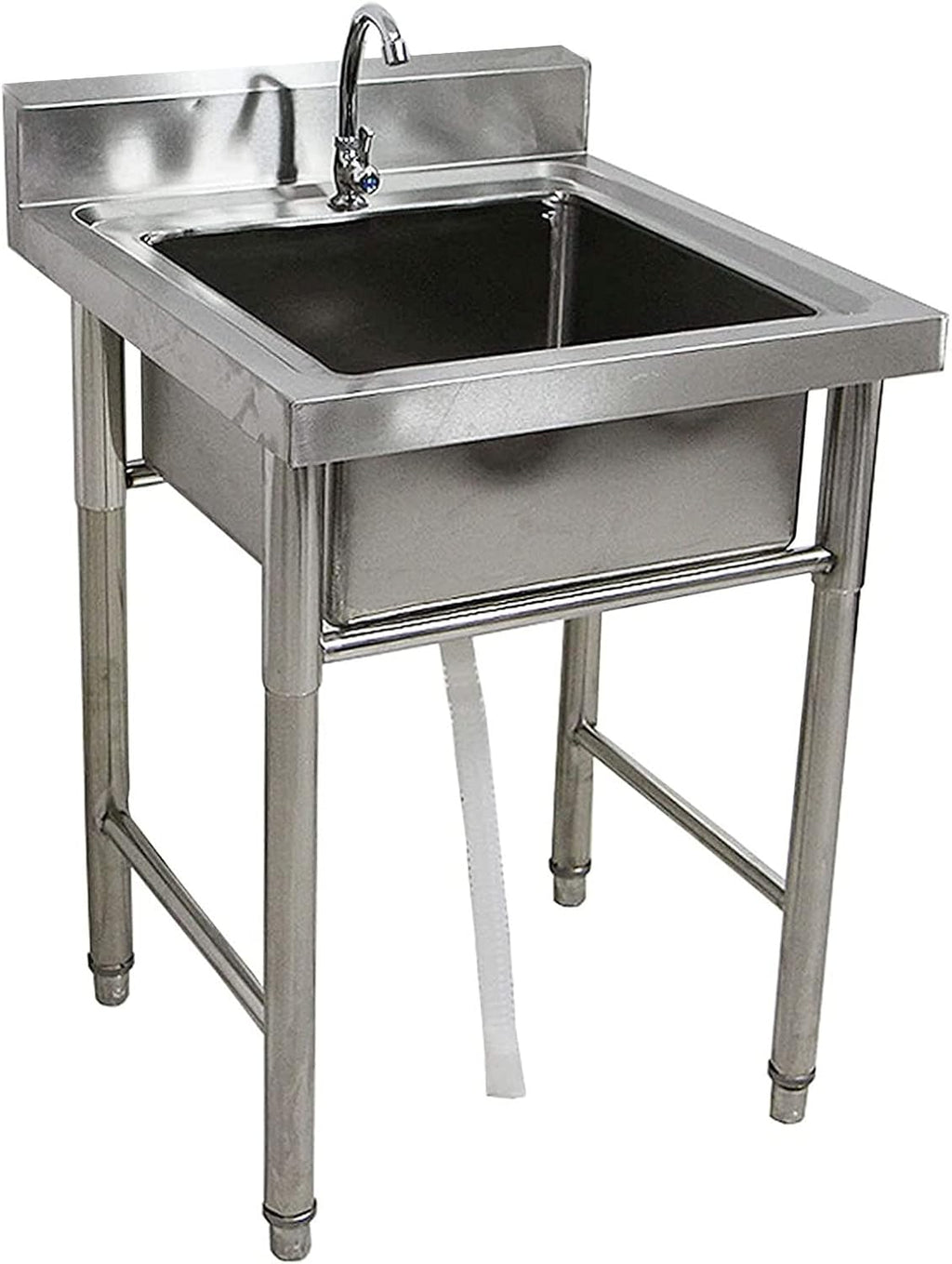Stainless Steel Commercial Kitchen Sink with Faucet and Drain Pipe Single Bowl Sink Free Standing Sink for Indoor Outdoor, Silver