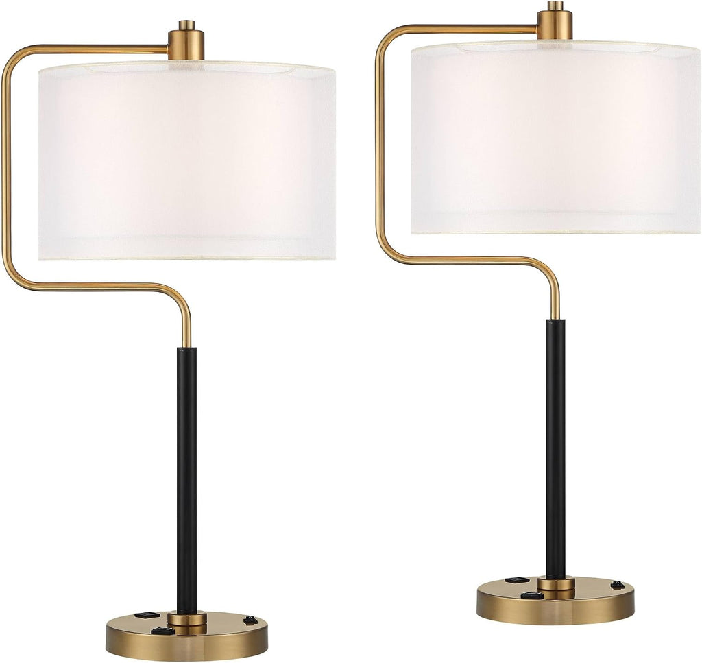 Possini Euro Design Carlyle 30 1/2' Tall Large Mid Century Modern Glam Luxe Desk Lamps Set of 2 USB Port Smart Socket AC Power Outlet Black Gold Metal Shade Home Office Living Room Charging