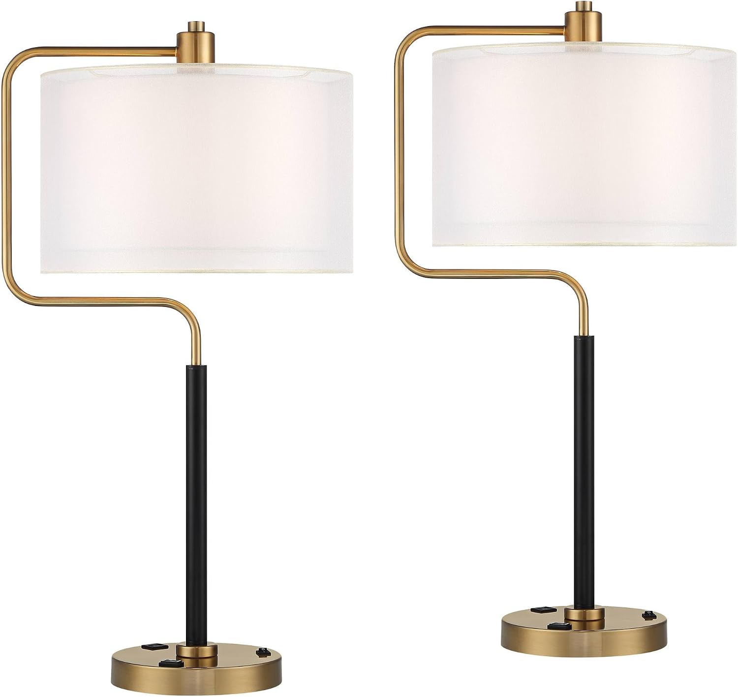 Possini Euro Design Carlyle 30 1/2' Tall Large Mid Century Modern Glam Luxe Desk Lamps Set of 2 USB Port AC Power Outlet Gold Black Metal White Shade Home Office Living Room Charging Bedroom Bedside