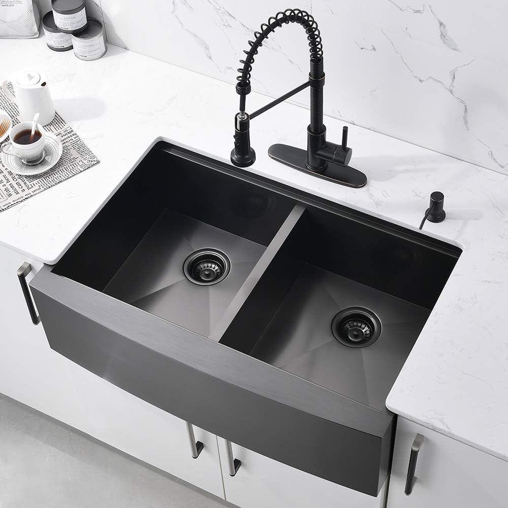 33 Inch Black Double Bowl Farmhouse Sink Workstation-Bokaiya 33x22 Farm Sink Black Stainless Steel 50/50 Double Bowl Apron Front 16 Gauge Low Divided Deep Farm House Style Sink