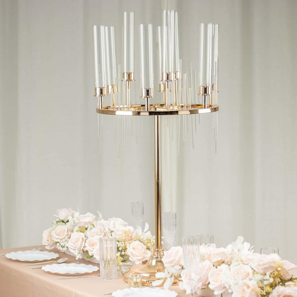 Efavormart 40' Tall 9-Arm Gold Candelabra Centerpiece, Luxury Taper Candle Holder with Clear Glass Hurricane Shades & Crystal Drip Accents for Weddings