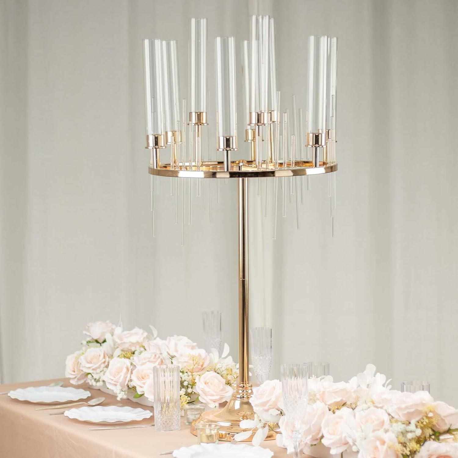 Efavormart 40' Tall 9-Arm Gold Candelabra Centerpiece, Luxury Taper Candle Holder with Clear Glass Hurricane Shades & Crystal Drip Accents for Weddings